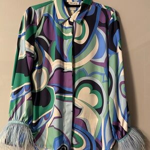 Vibrant Abstract Button-Up Feather Cuff Blouse